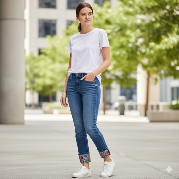 Stitch Star Women's Blue Cropped Jeans with Floral Embroidery Stretch size 8 - Picture 2 of 14